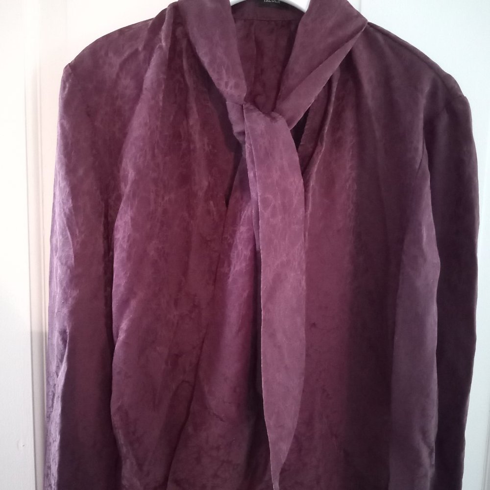 aritzia burgundy silk tie-neck blouse xs